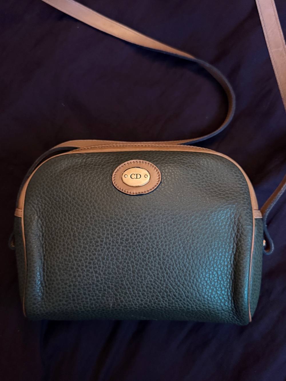 Vintage Dior Dark Green Pebbled Leather Crossbody with Tan/Camel Trim